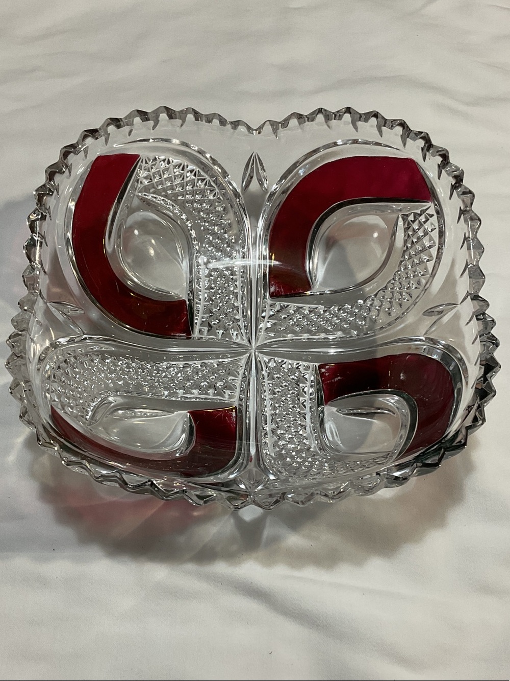 Clear Divided Glass Serving Dish with Red Accents
